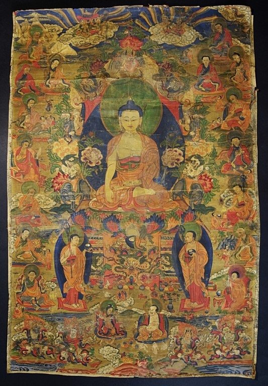 19th C Tibet Shakamuni & Eighteen Arhats Thanka (1 of 10)