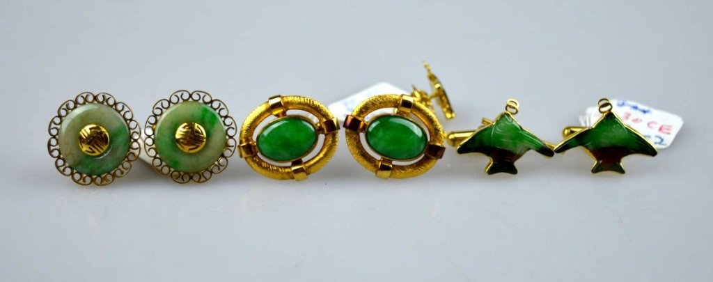 3 Sets Chinese Carved Natural Jadeite & Gold Links (1 of 8)