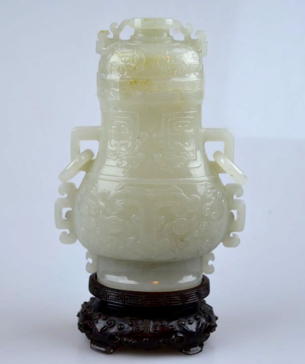 Chinese Well Carved White Jade Urn & Cover (1 of 10)