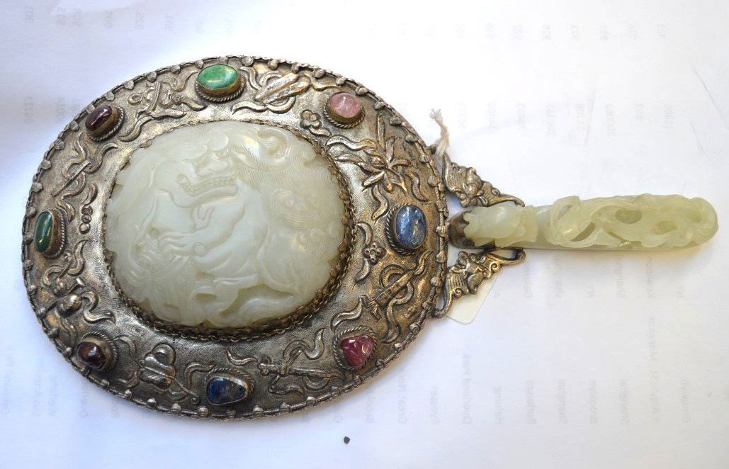Fine Chinese Carved White Jade & Silvered Mirror (1 of 10)