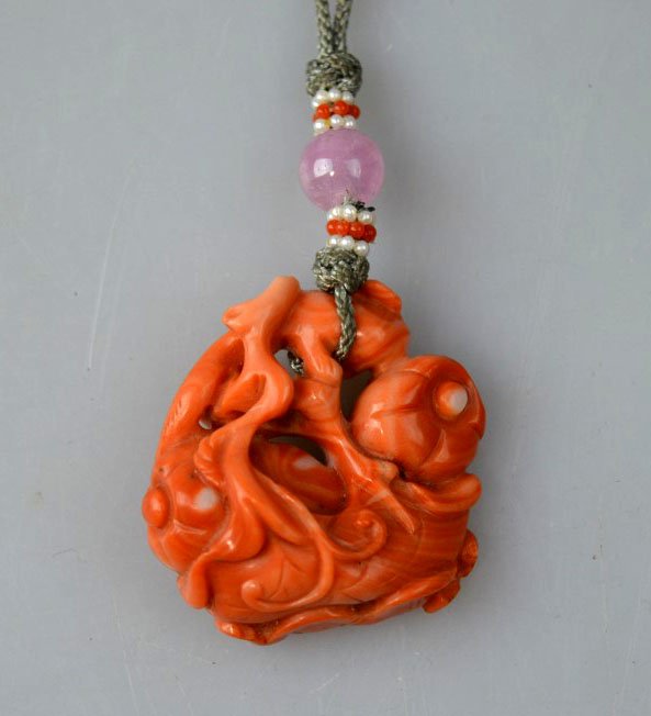 Good 19th C Chinese Carved Coral Melon Toggle (1 of 5)