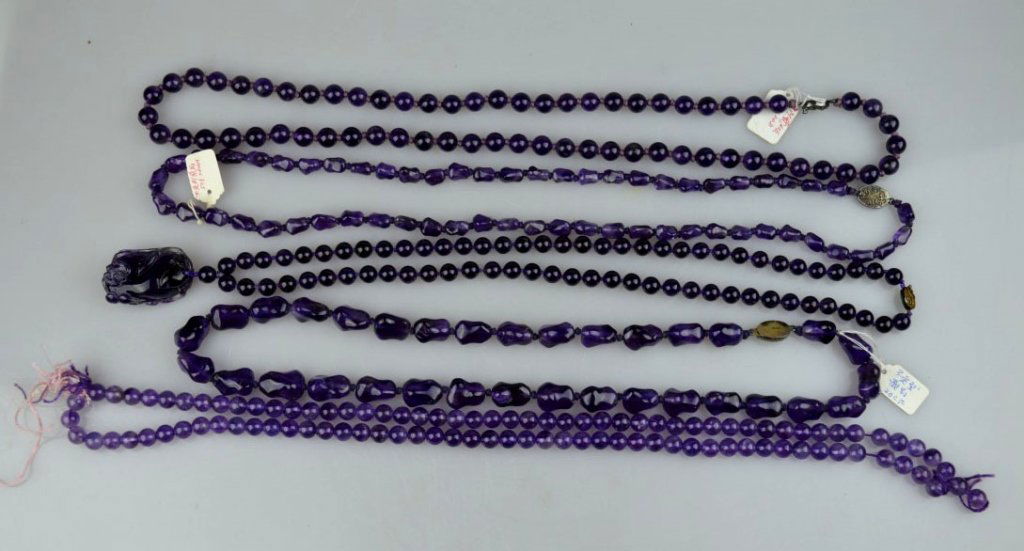 5 Rich Amethyst Bead Necklaces; Antique Pendant (1 of 8)