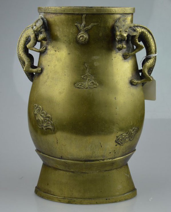 Old Chinese Bronze Lion Handled Hu Vase (1 of 8)
