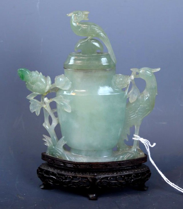Chinese Carved Jadeite Vase & Cover w. Birds (1 of 8)