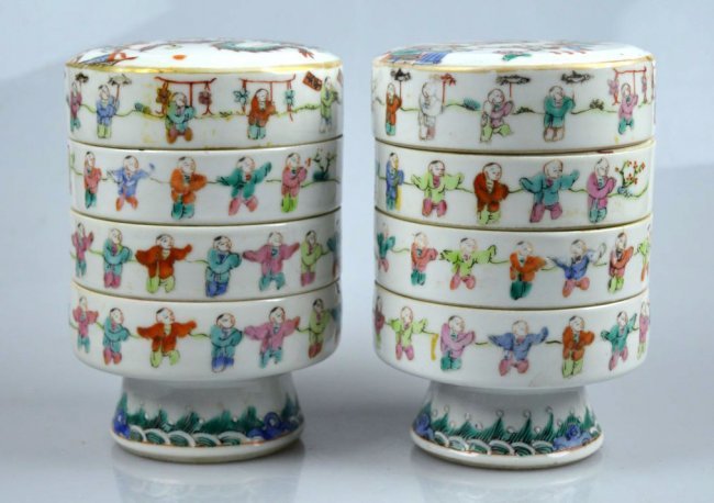 Pr Chinese Enameled Porcelain 4 Part Round Boxes (1 of 10)