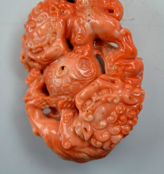 Large Chinese Carved Coral of 2 Foo Dogs with Ball (1 of 7)