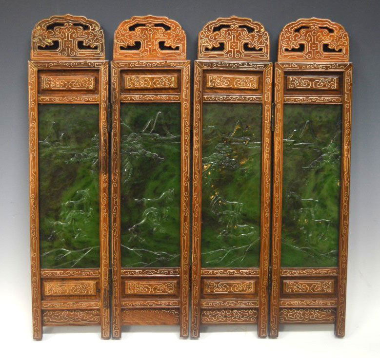Fine Chinese Carved Green Jade 4 Panel Screen (1 of 10)