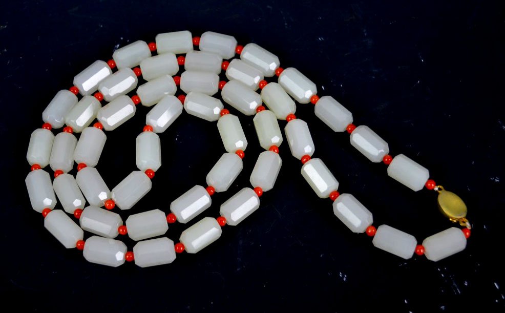 Faceted Chinese White Jade & Coral Bead Necklace (1 of 5)