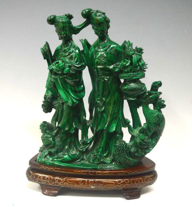 Chinese Carved Malachite of 2 Maidens & Phoenix (1 of 9)