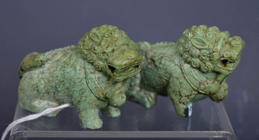 Pair Antique Qing Chinese Carved Turquoise Lions (1 of 7)