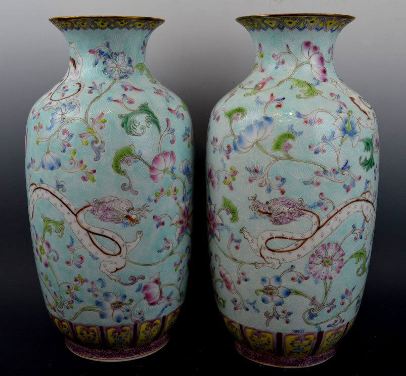 Pr. Fencai Enameled Chinese Porcelain Dragon Vases (1 of 10)