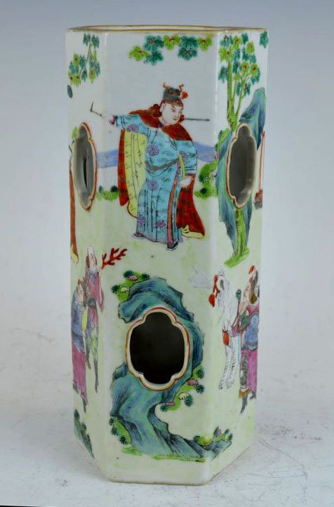 19th C Chinese Enameled Porcelain Hat Stand: 19th Century Chinese Enameled Hexagon Porcelain Hat Stand with figures. Hairline from top edge to top window. Height 11 1/2 inches (29 cm.).