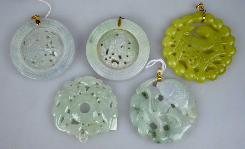 4 Carved Chinese Jadeite, 1 Stone Round Pendants (1 of 8)