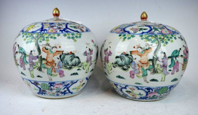 Pair Underglaze Blue & Famille Rose Ovoid Jars: Pair Good 19th century Underglaze Blue & Overglaze Famille Rose Ovoid Jars and covers well decorated with Boys Playing in a Garden. Provenance: The 1960's Inventory of The Arts & Jade Co. Ltd., Hong K