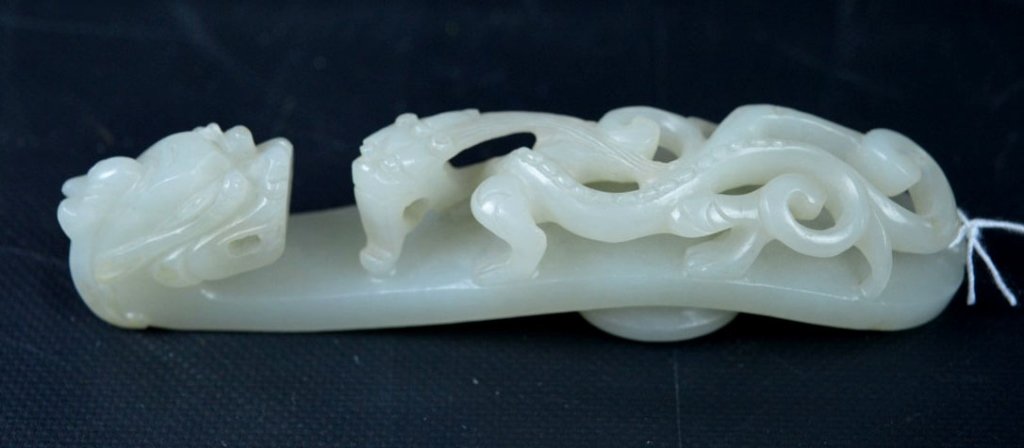 18thC Chinese Carved White Jade Dragon Belt Hook (1 of 8)