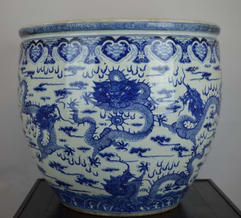Large 19th C Chinese B & W 9-Dragon Fish Bowl (1 of 10)