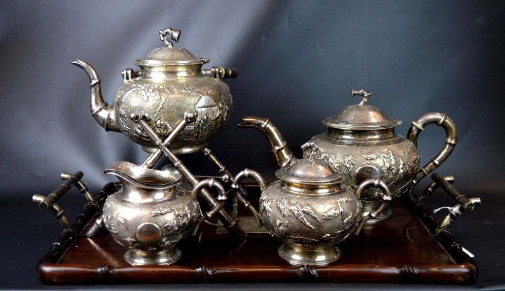 5 Piece Chinese Silver Teapot Set with a Tray (1 of 10)