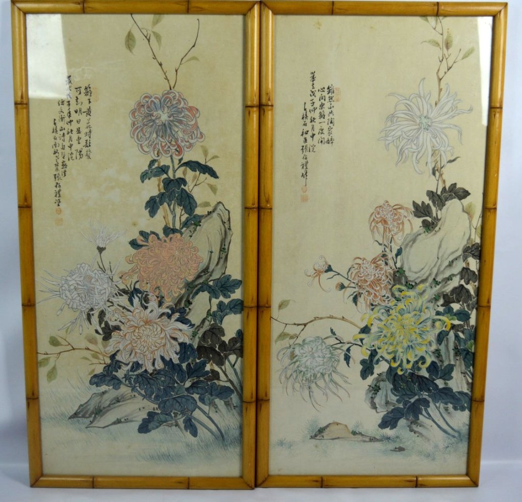 Pair Chinese Paintings on Paper of Chrysanthemums (1 of 9)
