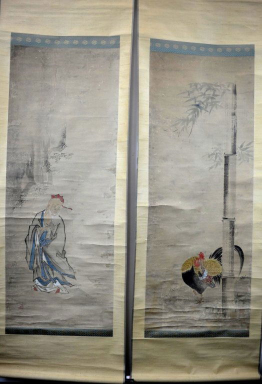 Pr Fine 18thC Chinese Paintings; Scholar & Rooster (1 of 10)