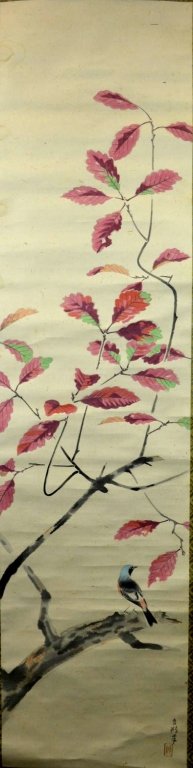 Chinese Bird & Autumn Leaf Painting on Scroll (1 of 8)