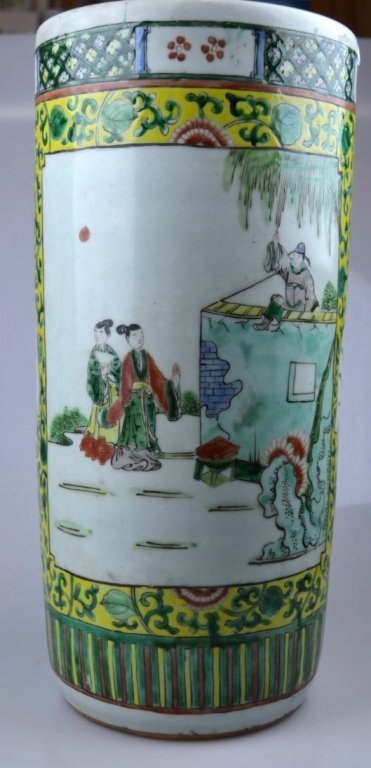 19thC Chinese Famille Verte Umbrella & Cane Holder: 19th C Chinese Famille Verte Porcelain Umbrella and Cane Holder. Good condition; star crack in base as usual. Height 17 inches (43 cm.).