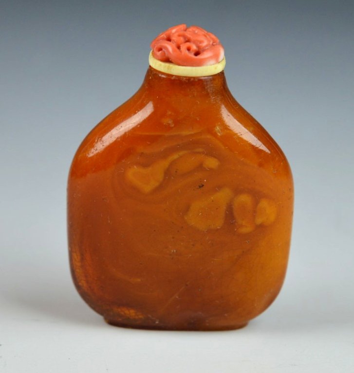 18th C Chinese Butterscotch Amber Snuff, Coral Top (1 of 7)