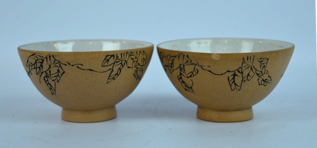 Pr. Chinese Light Yixing Incised and Enameled Cups (1 of 8)