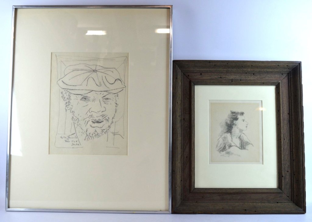 Karl Zerbe; 1948 Pencil, Alexander Brook; Litho: Karl Zerbe (1903-1972); 1948 Pencil drawing of a Boston Local inscribed to historian Horst Jansen and his wife Dora Jane; together with Alexander Brook (1898-1980); Lithograph head of woman signed in