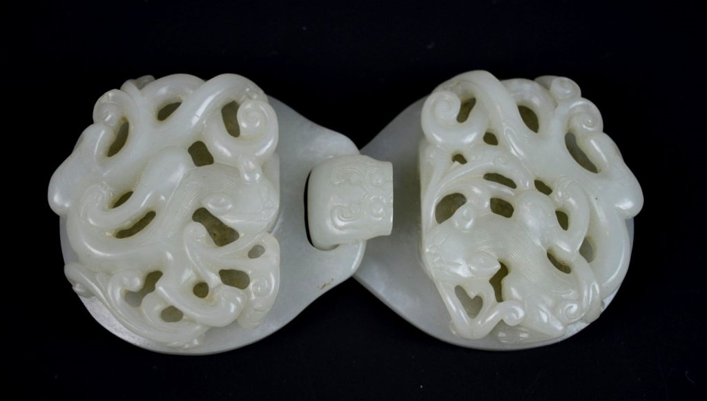 18th C Chinese White Jade Dragon Double Buckle (1 of 9)