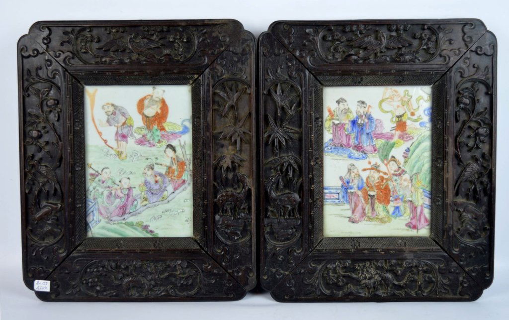 2 Chinese Enameled Porcelain Plaques, Zitan Frames (1 of 9)