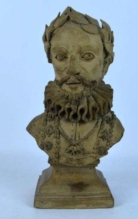 Mathias Komor; French Terra Cotta, Henry VII: Mathias Komor; 18th or 19th C French Terra Cotta Bust of Henry VII wearing the "Golden Fleece." Good condition; small areas of possible old restoration. Height 8 3/4 inches (22 cm.). Provenance: Purch