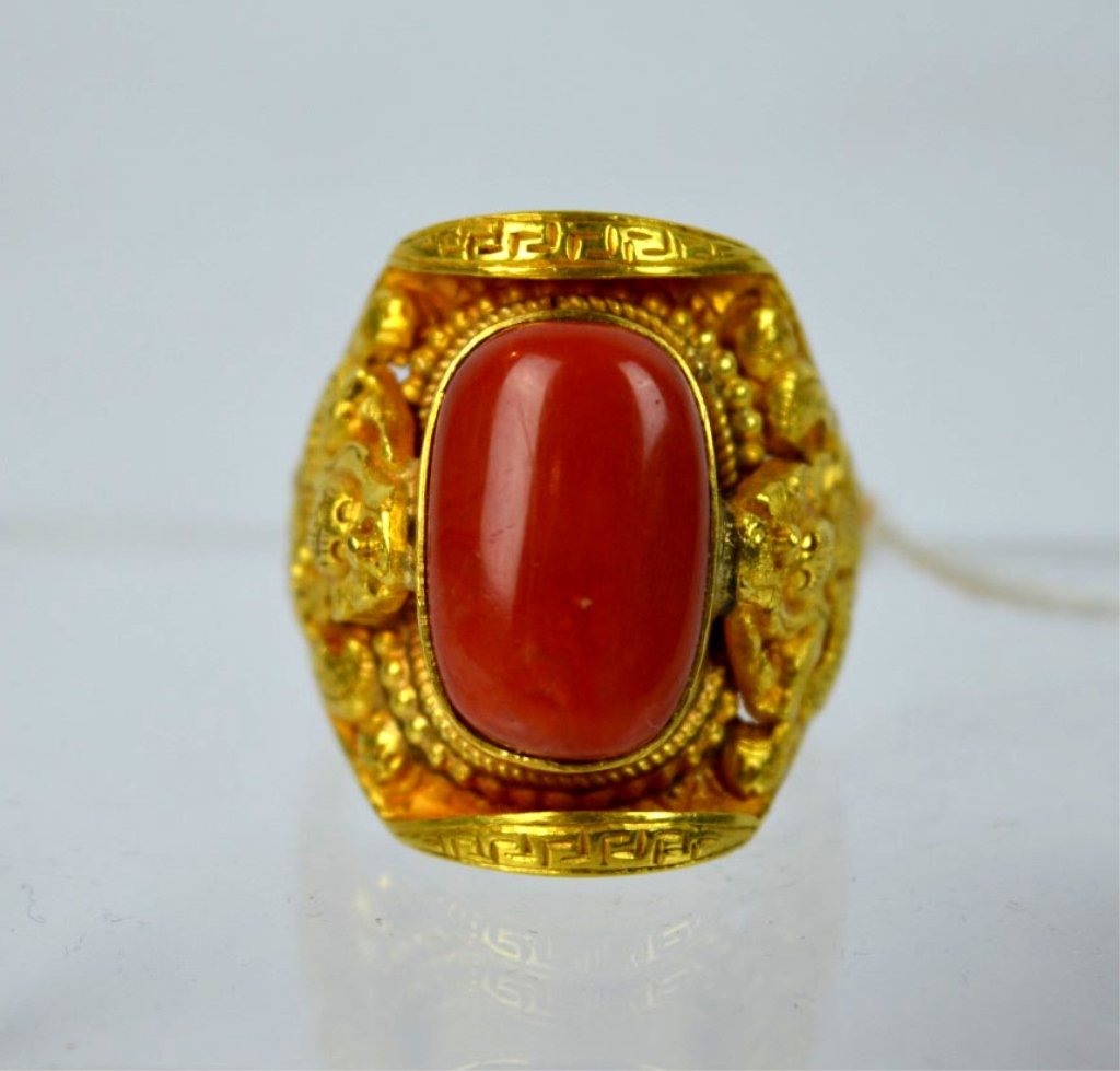 Dark Red Coral Cabochon in High Karat Gold Ring (1 of 7)