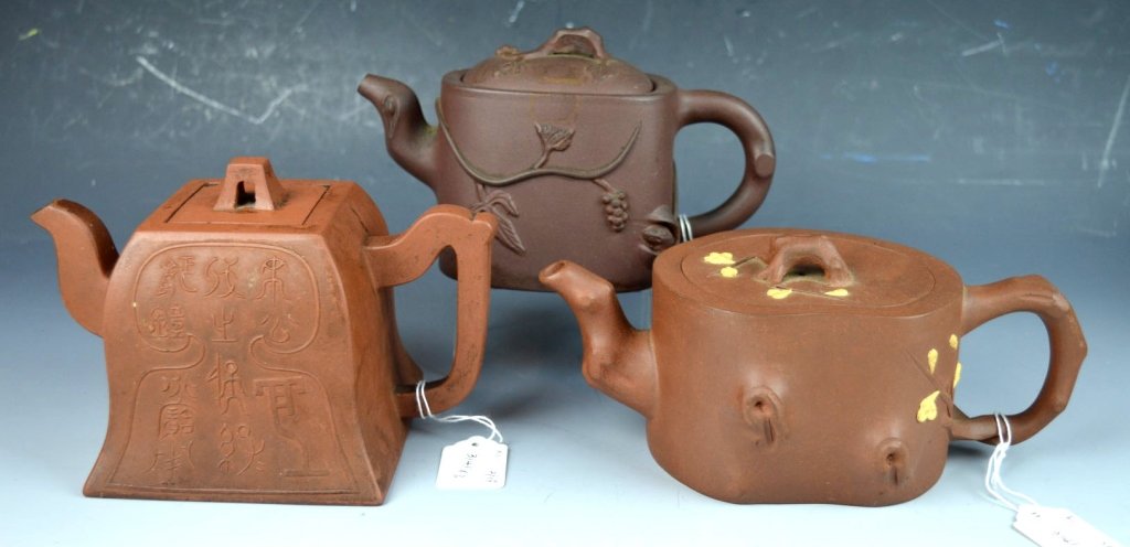 3 Flat-Sided Chinese Yixing Teapots (1 of 6)
