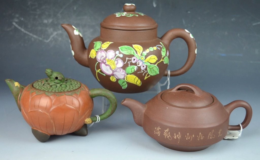 3 Chinese Yixing Teapots, Enameled and Shaped (1 of 8)