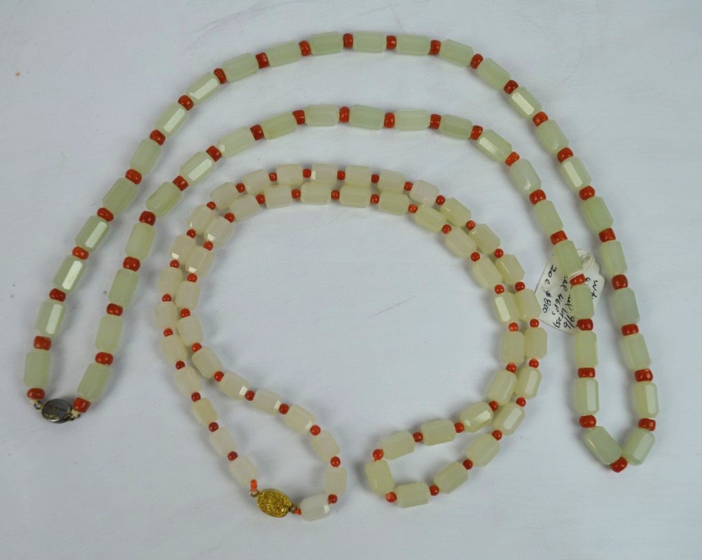 2 Chinese White Jade & Coral Bead Necklaces (1 of 6)