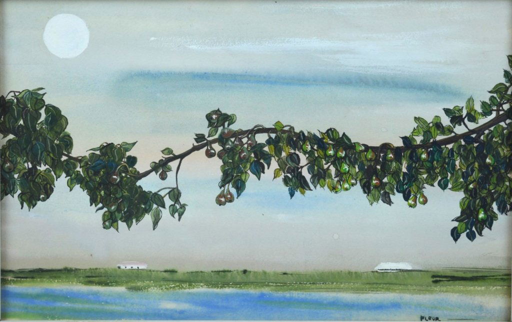 Fleur Cowles, "Imaginary Landscape with Pears, #9": Fleur Cowles (American, 1908–2009), "Imaginary Landscape with Pears, #9" watercolor on board, signed "Fleur" recto lower right, titled on reverse of frame. British gold leaf & linen frame. Good cond