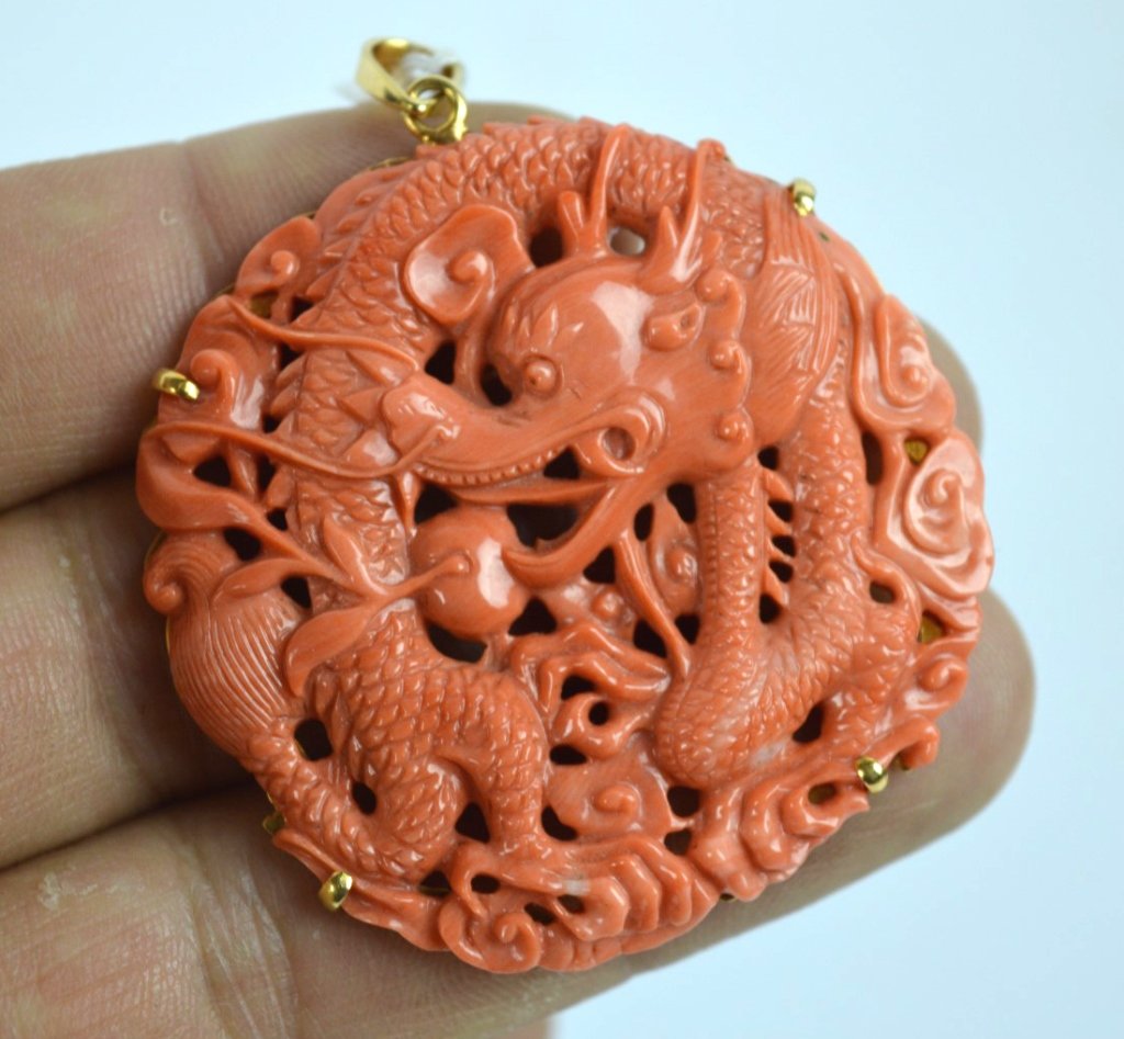 Antique Carved Chinese Coral Dragon Pendant (1 of 6)