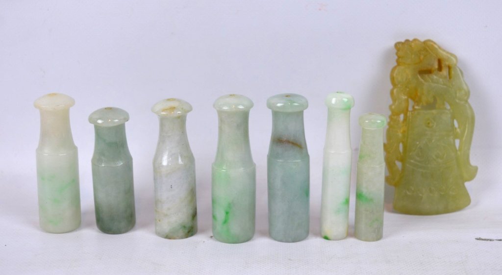 7 - 19thC Chinese Jadeite Pipe Ends; 1 Jade Plaque (1 of 7)