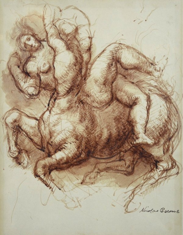 Nicolas Carone; Sepia Wash, "Centaur & Woman": Nicolas Carone (American, 1917–2010); Sepia wash on paper of a Centaur abducting a nude woman. Signed lower right recto; custom A. P. F. Museum Frame. Good condition. Height of art 11 1/4 inches (28