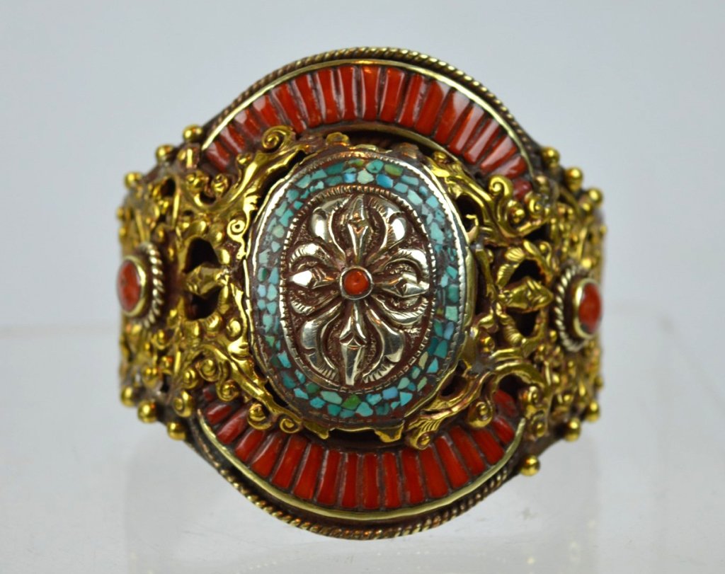 Antique Tibet Gold Silver Turquoise Coral Bracelet (1 of 6)