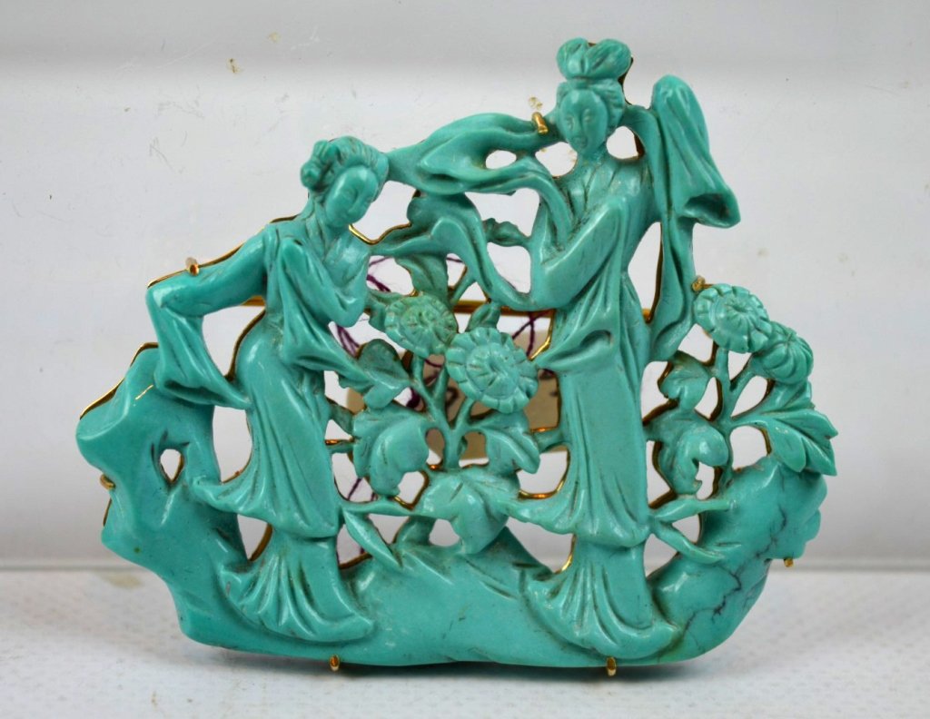 Chinese Carved Turquoise of 2 Dancing Girls as Pin (1 of 5)