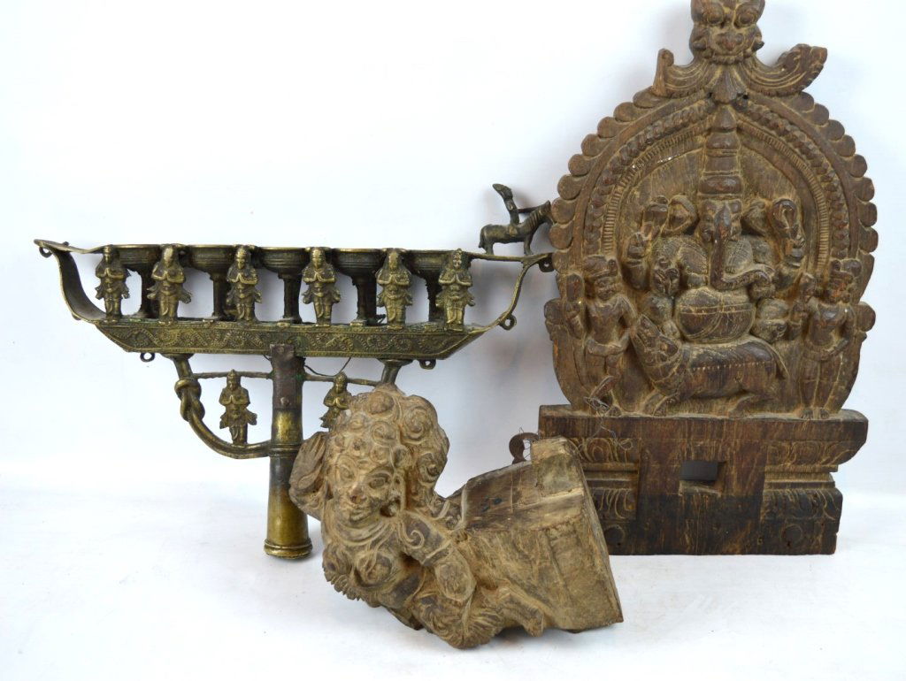 3 - Antique Indian Objects, 2 Wood, 1 Bronze (1 of 8)