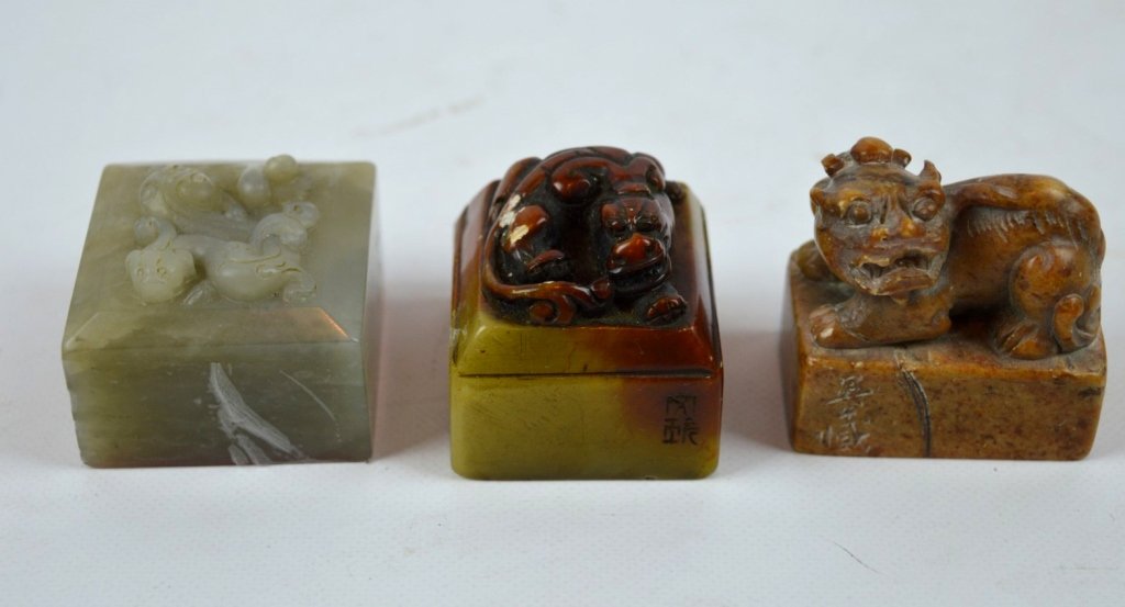 3 - Chinese Carved Seals, 2 Soapstone, 1 Hardstone (1 of 6)