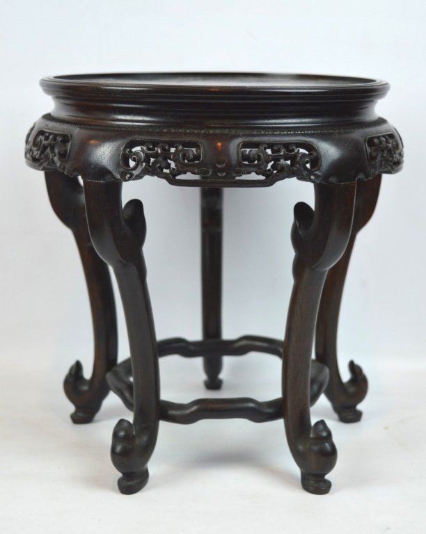 Tall Antique Chinese Blackwood Stand: Tall Antique Chinese Blackwood Stand (probably zitan) made as a 5-leg table with flat top and fine carving under the top and at the skirt. Good condition; normal light age related wear. Height 9 1/4 i