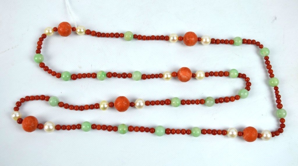 Rope Necklace; Chinese Coral, Jadeite, Pearl Beads (1 of 6)