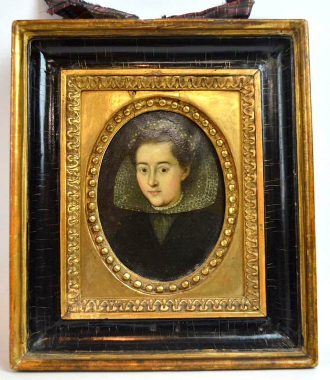 16th Century Oil Portrait, Royal Hanoverian Coll.: 16th Century Oval Oil on Copper Portrait of a Noble Woman in a Lace Collar. Light age related wear. Height of oval 4 inches (10.5 cm.). Provenance: Royal Hanoverian Collection, Fideikommiss-Galerie of