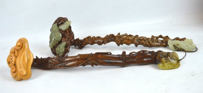 2 - Chinese Carved Wood & Jade Ruyi Scepters (1 of 10)