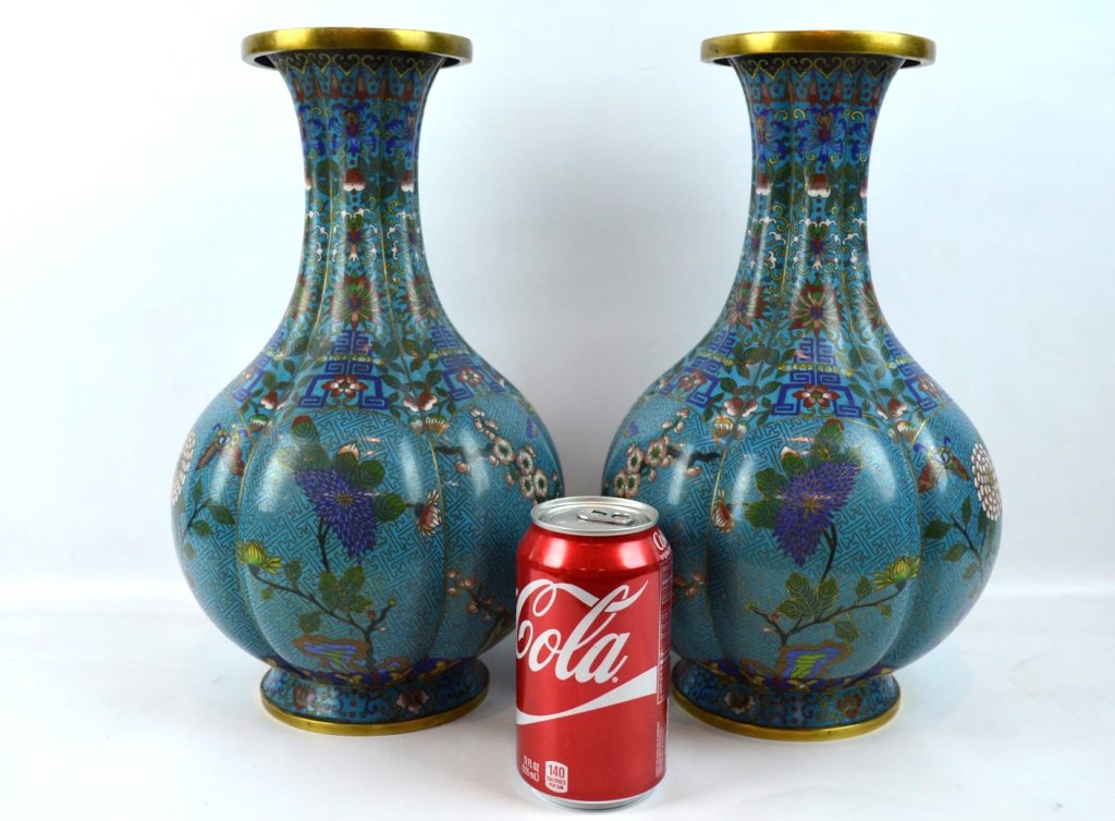 Fine Pr. Late Qing 6-Lobed Chinese Cloisonne Vases (1 of 10)