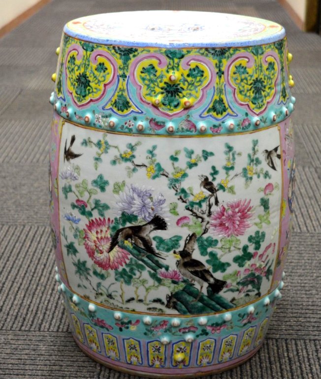 Good Chinese Enameled Porcelain Garden Seat: Good Chinese Enameled Porcelain Garden Seat well decorated with birds and flowers on a background of pink, turquoise, yellow and blue. Good condition, horizontal luting joint line visible outside but 