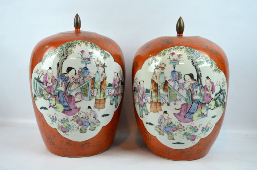 Pair Qing Chinese Enameled Porcelain Oval Jars (1 of 10)